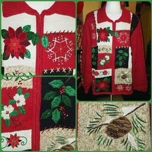 🌱POINSETTIA BEAD BLING SEQUIN UGLY XMAS SWEATER